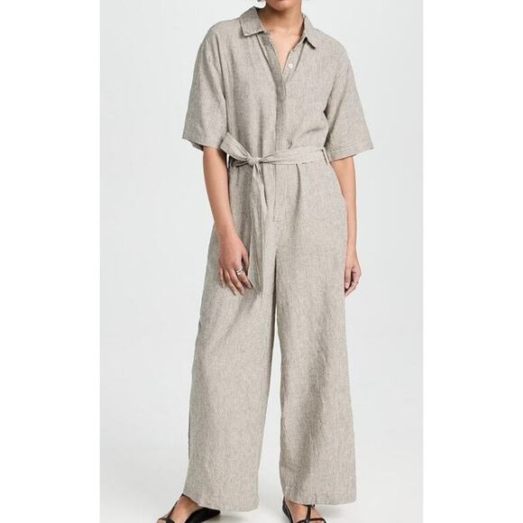 Z Supply XL Linen Striped Jumpsuit Ellora w belt Oatmeal beige Widelegs Stylish - Picture 3 of 16